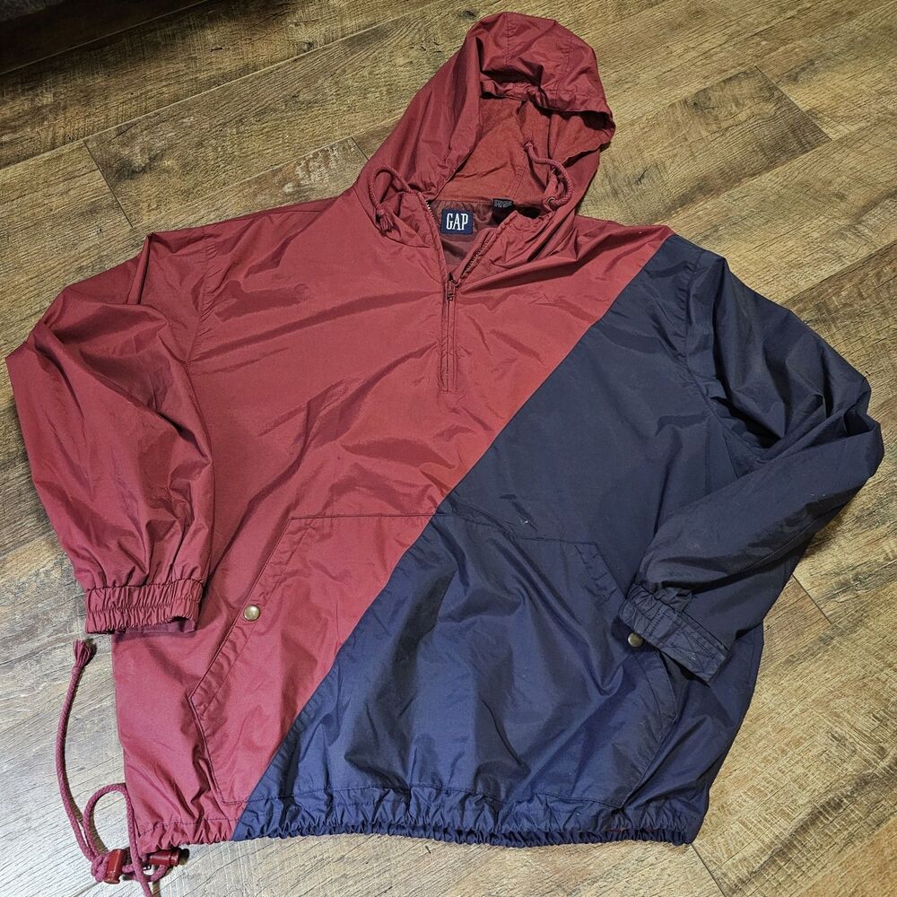 Vintage 90s L GAP Anorak Windbreaker Red Navy Colorblock Hooded Pullover Jacket